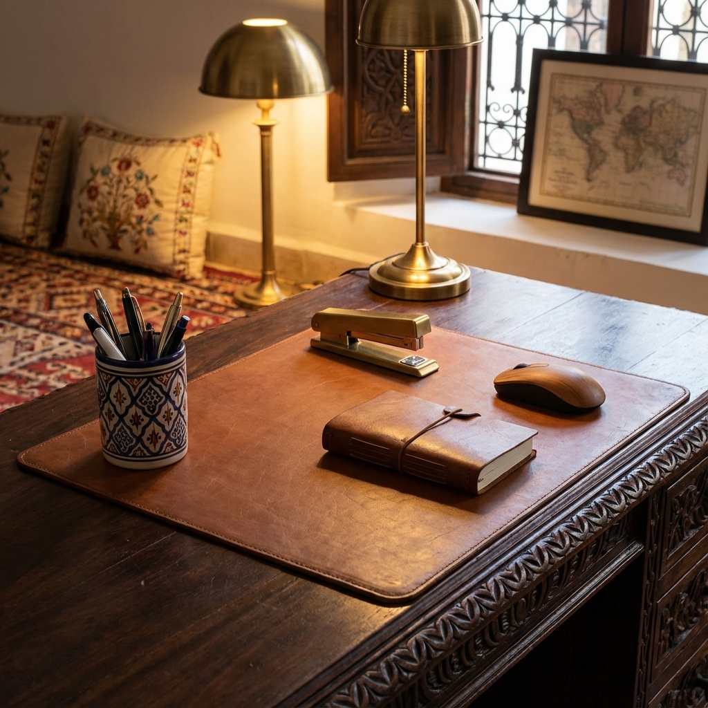 Accessoires de bureau modernes et organisés sur un bureau au Maroc